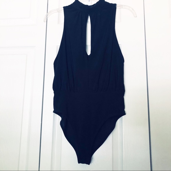 Leith Tops - Leith Black Halter Neck Plunging Keyhole Bodysuit